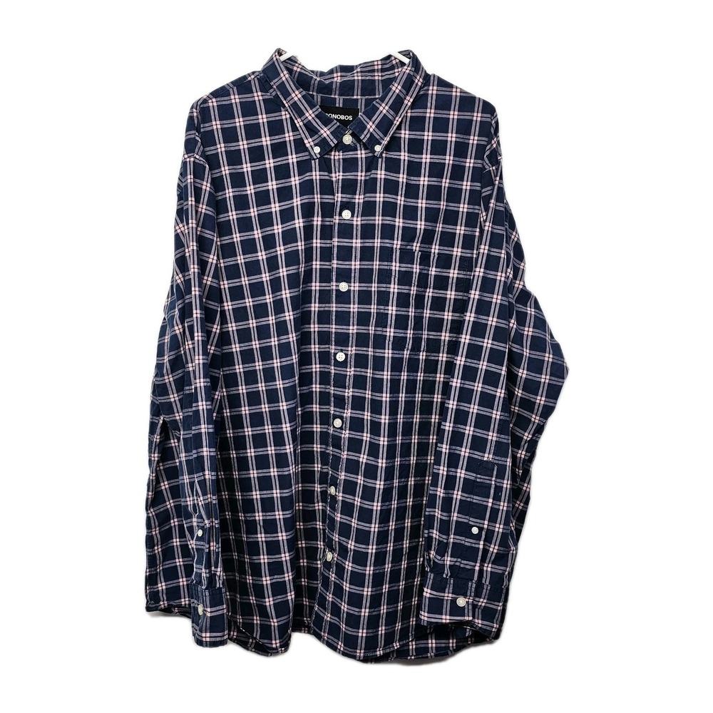 Bonobos Shirt Mens 3XL Navy Pink Plaid Button Up Long Sleeve 100% Cotton Pocket